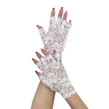 Damen fingerlose Spitzenhandschuhe mit Blumenstickerei, weiß, ein Paar