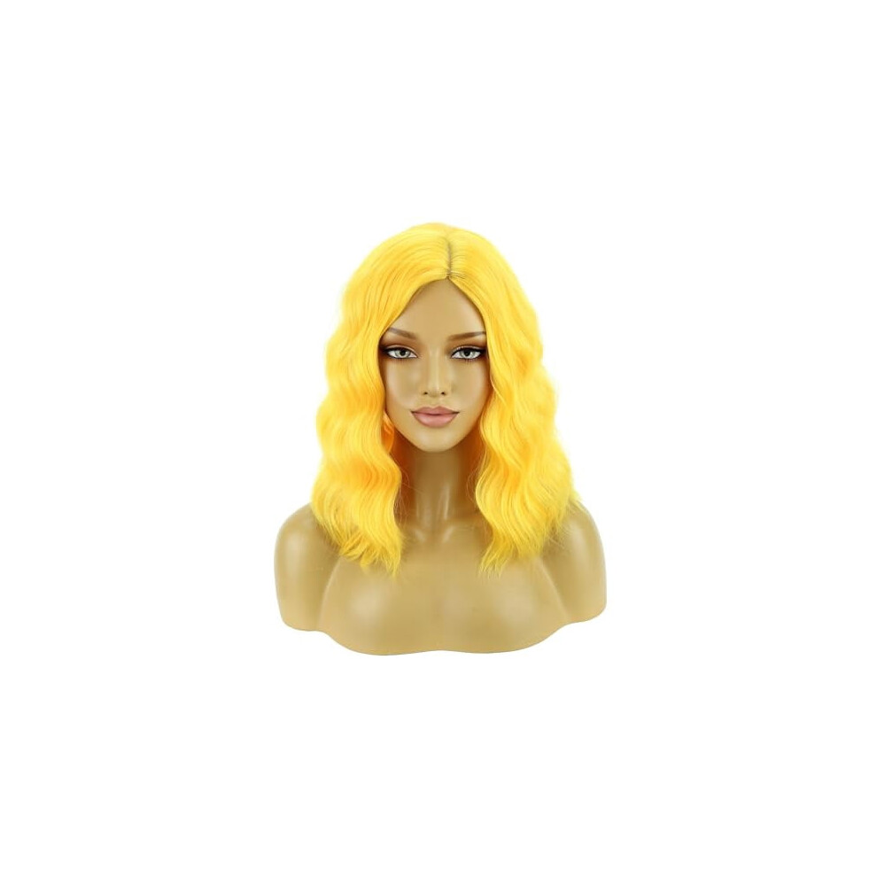 Yellow curly wavy synthetic wig for women, shoulder-length