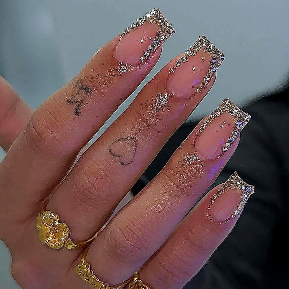 Artificial Square Nails with Rhinestone French Tips 24 pcs