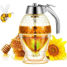 Glazen honingdispenser met standaard, 237 ml (8 oz), honingraatdesign.