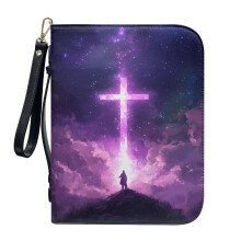 Star Sky Cross Jesus PU Leather Bible Cover for Women & Men – Compatible with Standard Bibles, Detachable Wristlet Strap