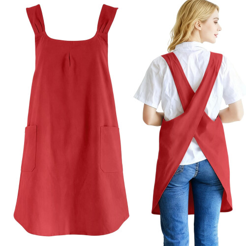 Abito grembiule da donna in cotone e lino con 2 tasche,