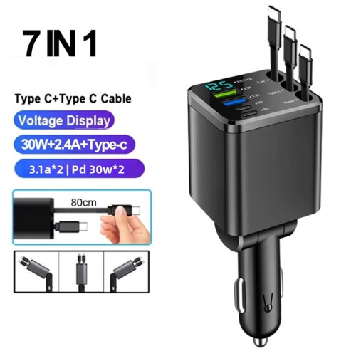 7-In-1 Retractable Car Charger with Digital Voltmeter USB+PD Port Fast Charging Cable 3 Type C 2
