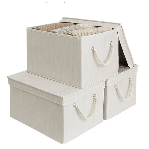 32L opbevaringsbeholdere med låg og bløde rebhåndtag, beige