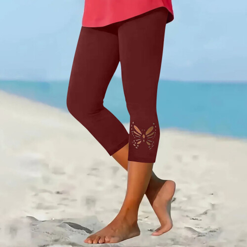 Women's Yoga Pants Solid Butterfly Floral Mid-Calf Elastic