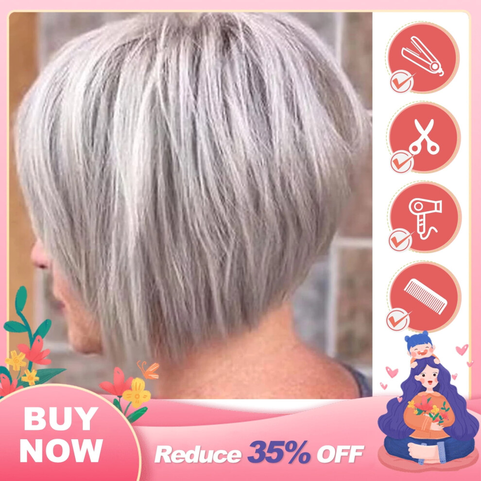Grey bob wig synthetic straight with bangs 1 pc