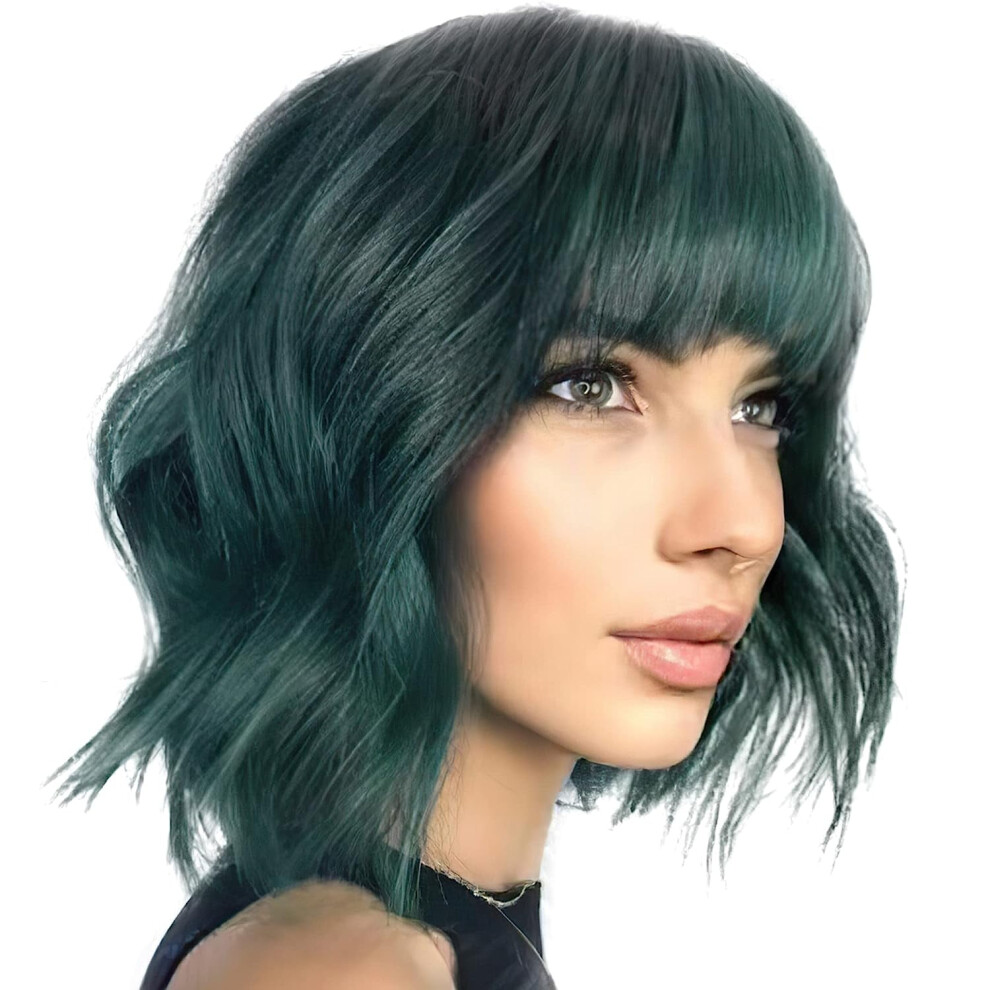 Short Wavy Bob Wig with Bangs Brown Synthetic 12 inch