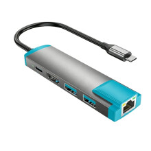 6 in 1 USB C Naar HD Adapter voor 2, USB C Docking Station met 4K@60Hz HD/Type C/USB 3.0/1000M LAN Poort Grijs