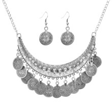 Bohemian Style Coin Pendant Necklace and Earring Set Vintage Ethnic Statement Jewelry for Women Fashion Accessory
