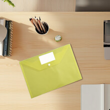 Clear plastic document folder with label pocket and snap