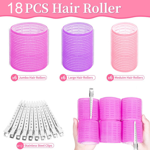 Ensemble de 18 bigoudis auto-agrippants avec 12 pinces, rose clair 1