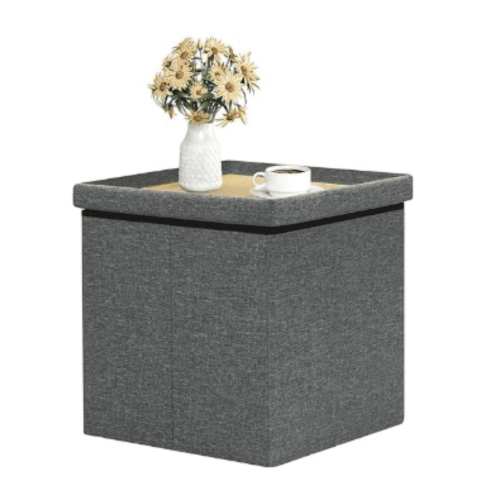 Storage Ottoman with Tray Dark Grey Linen