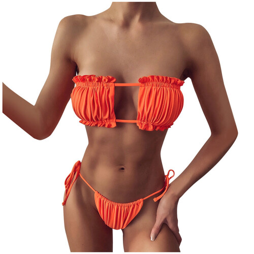 Orangefarbenes, gerafftes Bikini-Set mit Push-up-Polsterung 1