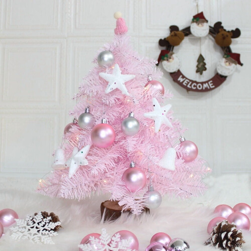 Mini pink artificial Christmas tree with LED lights and