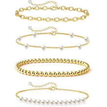 Gold Pearl Beaded Bracelet Set 14K Gold Plated 4-Piece