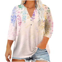 Damestop met bloemenprint in boho-stijl, V-hals en 3/4 mouwen, plus size