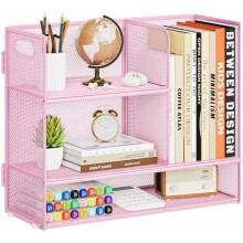 3-Tier Desk Shelf Organizer with Handle, Mesh Display Rack for Office/Home/Kitchen (Pink) – Compatible with Standard Desks