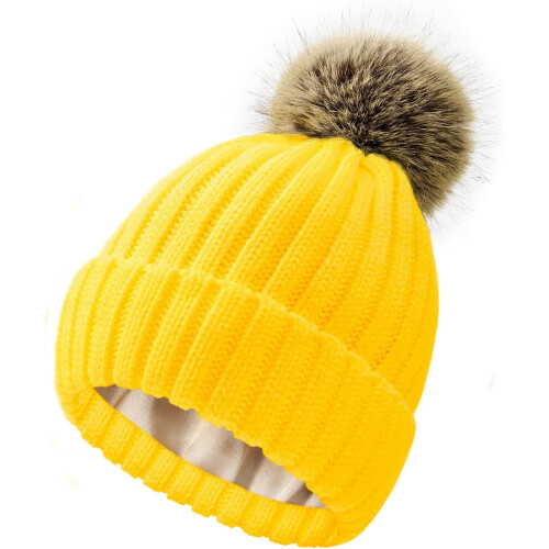 Damen-Strickmütze mit Satinfutter und abnehmbarem Bommel