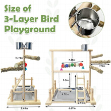 Natural Wood Parrot Playstand with Feeder Cups and