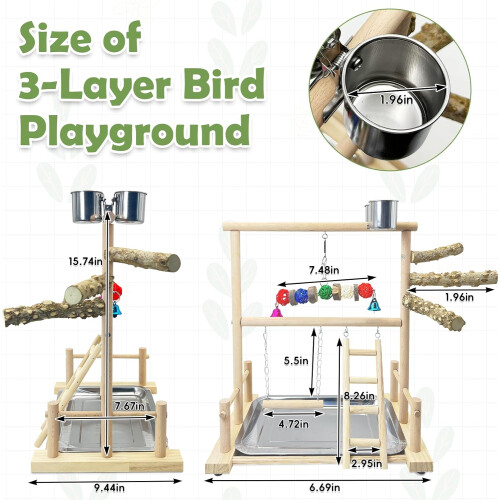 Natural Wood Parrot Playstand with Feeder Cups and