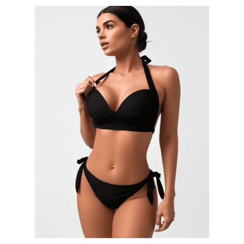 Completo bikini nero con allacciatura al collo per donna con imbottitura push-up e