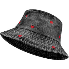Cappello a secchiello in denim con cuore, in cotone leggero e a tesa larga