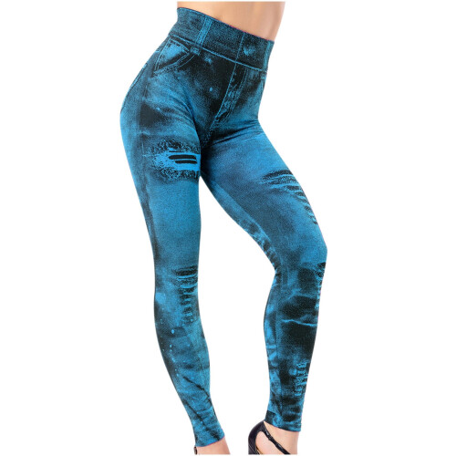 Dameleggings med denimprint, elastisk, slim fit, blå 2