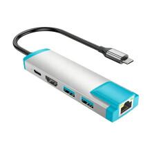 6 in 1 USB C to HD Adapter for 2,USB C Docking Station with 4K@60Hz HD/Type C /USB 3.0/1000M LAN Port Sliver