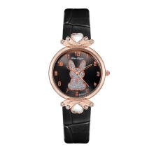 Orologio da donna al quarzo con motivo coniglio e dettagli in cristallo, colore nero.