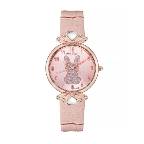 Women's Rabbit Quartz Watch Pink Leather Strap 1 Piece