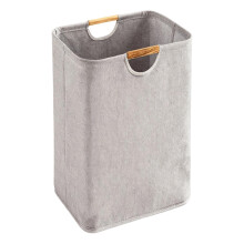 Cesto de roupa dobrável cinza escuro de 72 litros com alças de bambu.