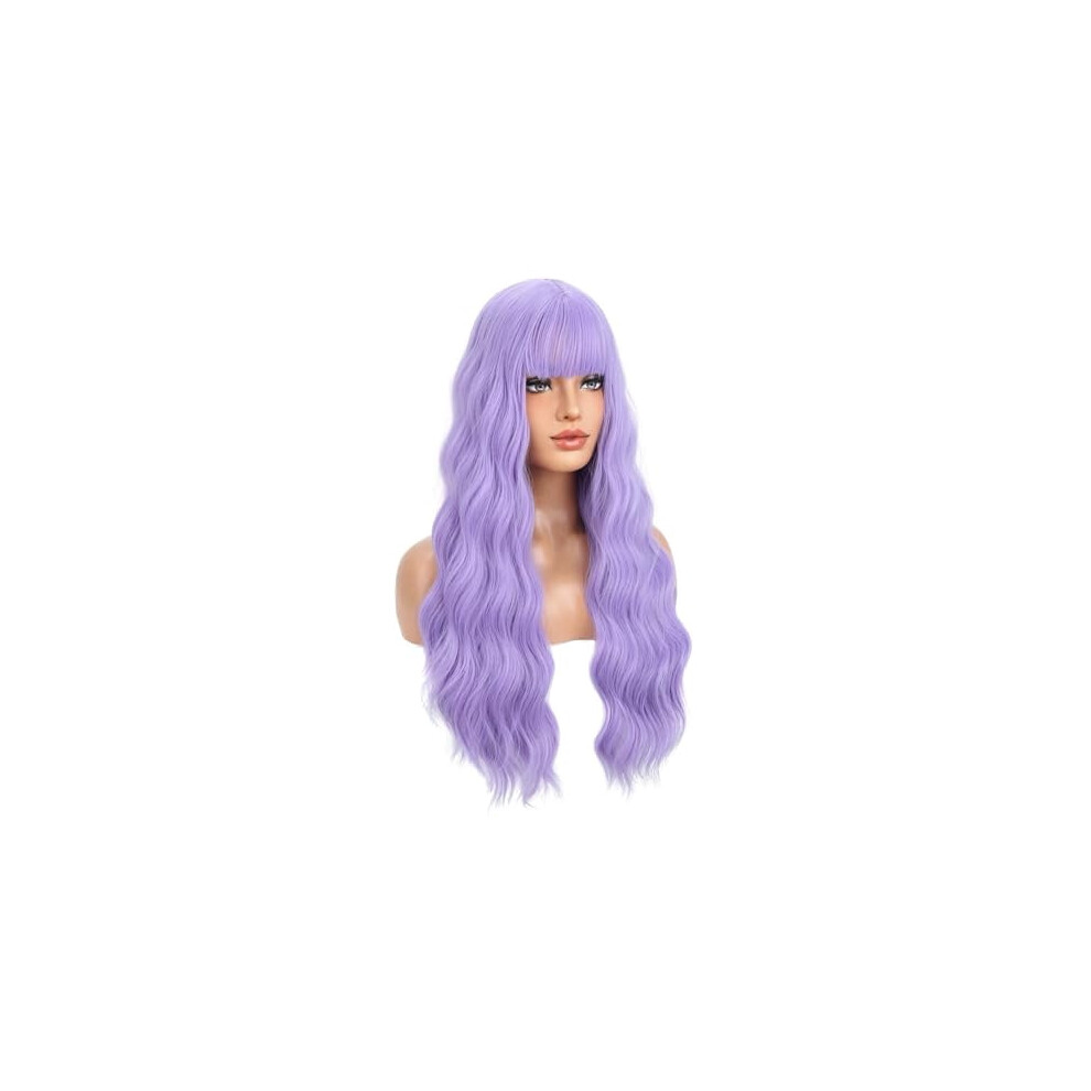 Light Purple Curly Wavy Wig with Bangs 24 inches