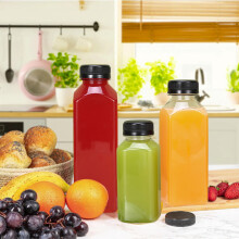 Botellas de plástico para jugo con tapas transparentes a prueba de manipulaciones, 355 ml (12 oz).