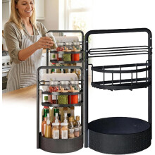 Étagère à épices rotative avec porte-essuie-tout, noire, à 2 niveaux