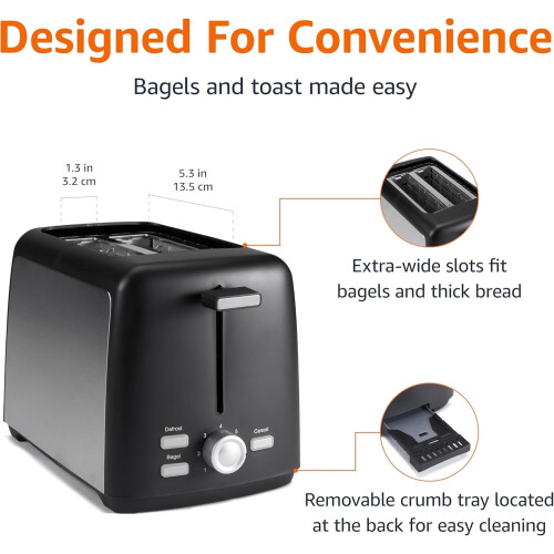 2-Slice Toaster Black Silver 900W Extra-Wide Slots 2