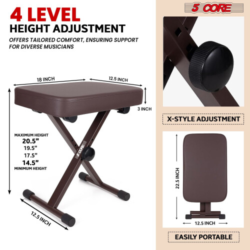 Piano Stool Brown Height Adjustable 3 Inch Padded 2