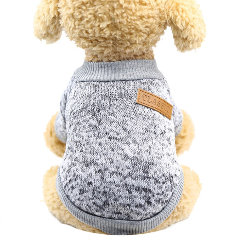 Suéter de lã cinza para cachorro, modelo pequeno, com duas patas.