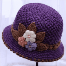 Women’s Winter Warm Knit Cloche Hat With Crochet Flower Layer-Purple