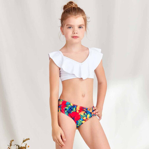 Blommigt V-ringat bikiniset för flickor 1