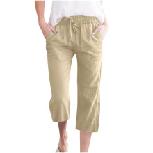 SYMOID Women's Linen Blend Capris with Pockets Khaki 5XL