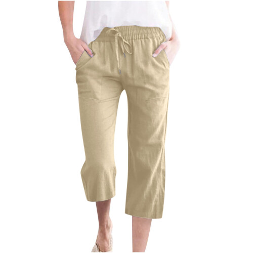 SYMOID Women's Linen Blend Capris with Pockets Khaki 5XL