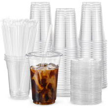 Vasos de plástico con tapa y pajita de 24 oz, 100 juegos