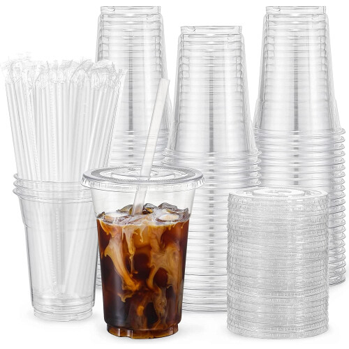 Copos de plástico com tampa e canudo, 24 oz, 100 unidades.
