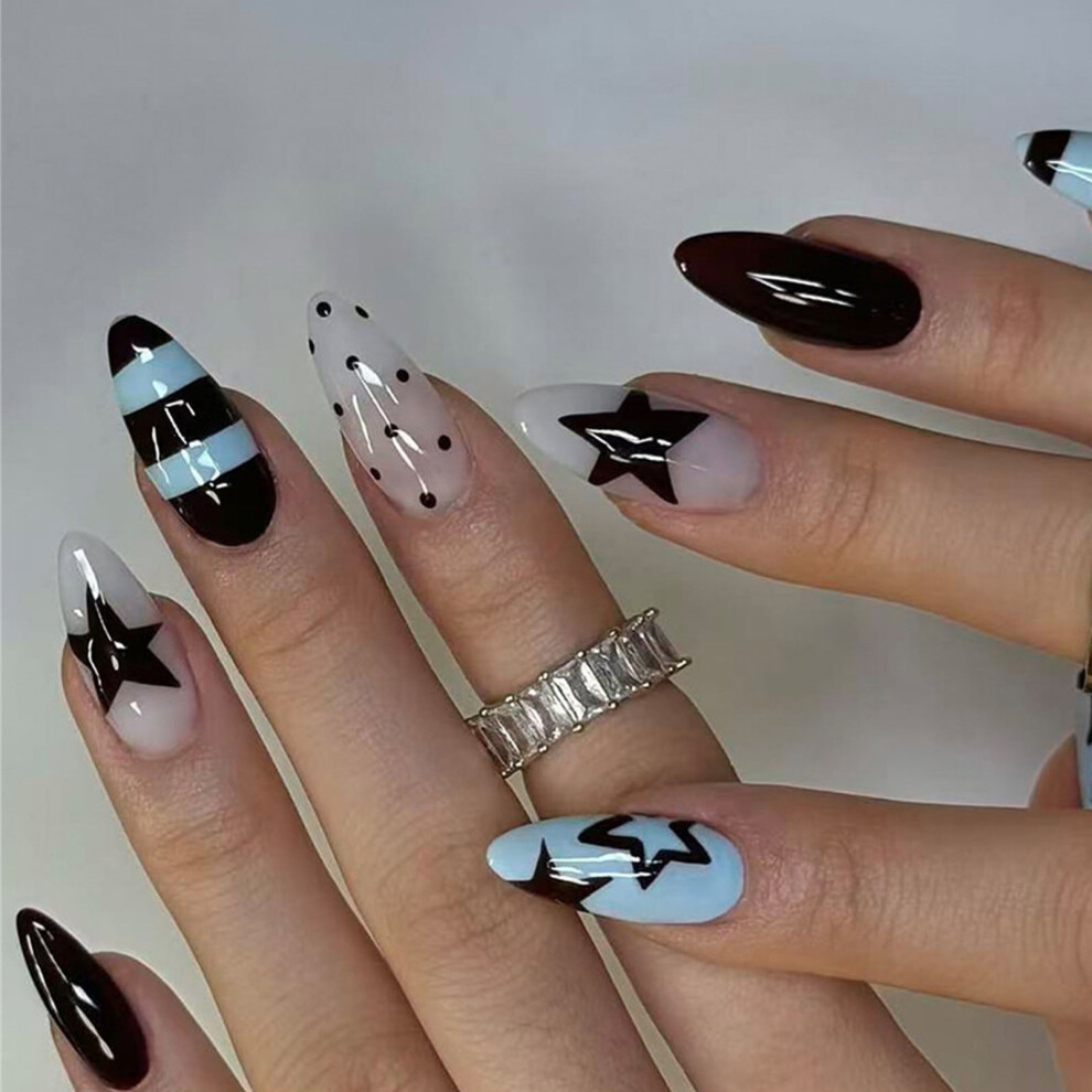 Star Glossy Artificial Nails Almond Shape ABS 24 Pieces