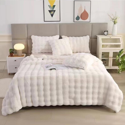 Faux Fur Throw Blanket Ribbed Jacquard Beige 52x64 inches 1