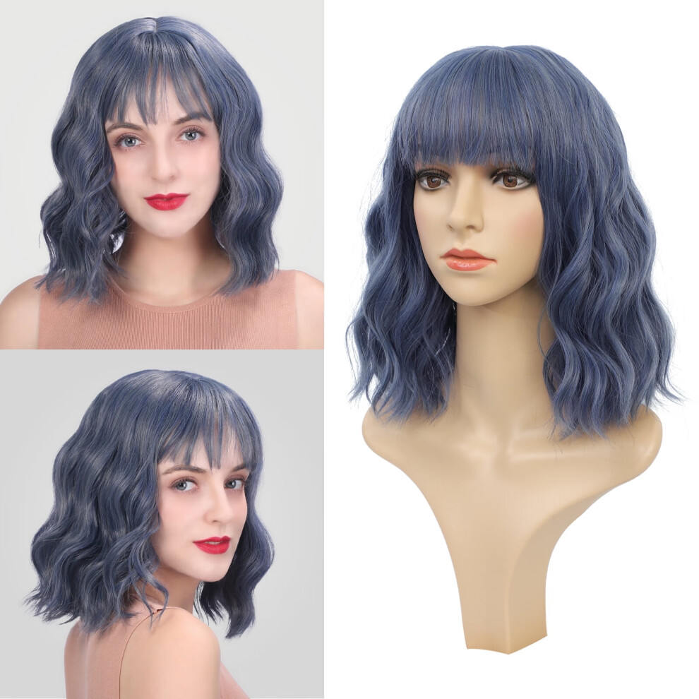 Synthetic Curly Bob Wig with Bangs Heat-Resistant 12"