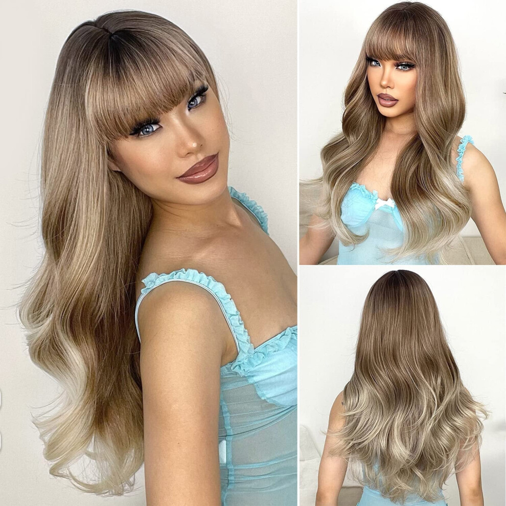 Wine Red Long Wavy Wig with Bangs Heat-Resistant 26 inch