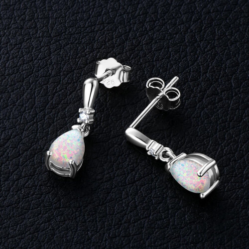 18K White Gold Plated Teardrop Opal Dangle Earrings 925 1