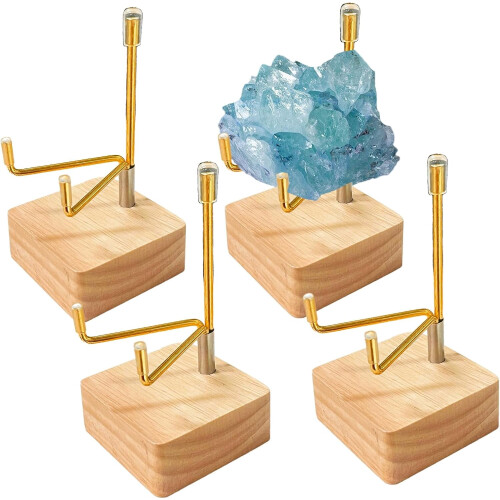 Rock Display Stand Wooden Base Adjustable Metal Arm 4-Pc