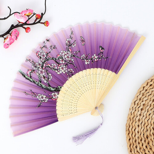 Handheld folding fan floral silk tassel hollow design